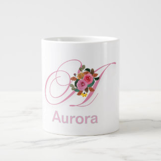 モダンなピンクの花柄モノグラムイニシャル ジャンボコーヒーマグカップ