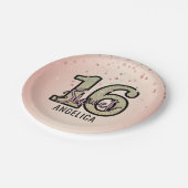 モダンなピンクの金ゴールドのグリッターの菓子16の16誕生日 ペーパープレート (アングル)