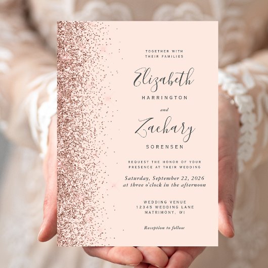 モダンなピンクゴールドのラメエッジ ブライドルピンクの結婚式 招待状