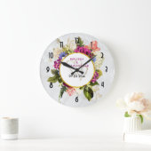 モダンなピンク及び白い水彩画の花の結婚式 ラージ壁時計 (ホーム)