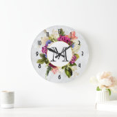 モダンなピンク及び白い水彩画の花花束 ラージ壁時計 (ホーム)