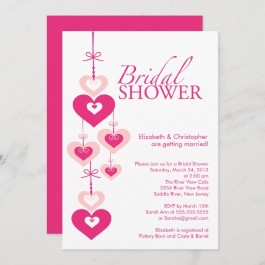 モダンなピンク愛ハートのブライダルシャワーの招待状 招待状 (正面/裏面)