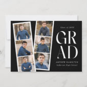 モダンなフィルムストリップ黒6枚写真卒業パーティー 招待状 (正面)