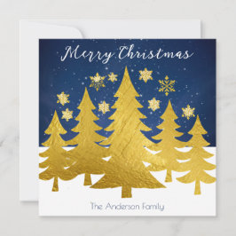 モダンなフェイクゴールドのクリスマスツリーが雪に立つ シーズンカード
