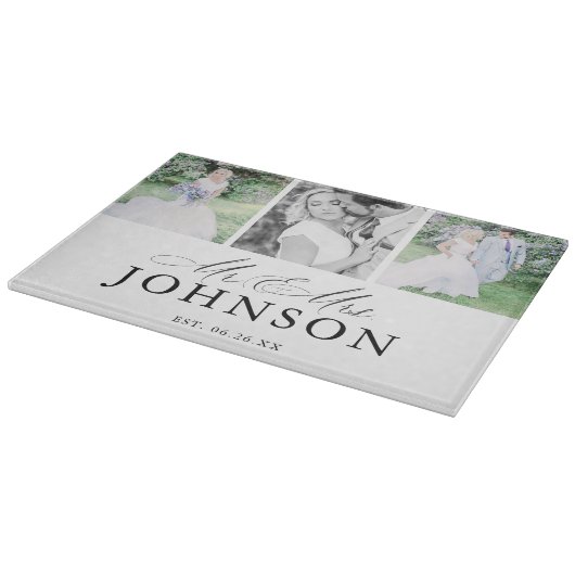 モダンなフォトコラージュ Mr. & Mrs. モノグラム カッティングボード (角)