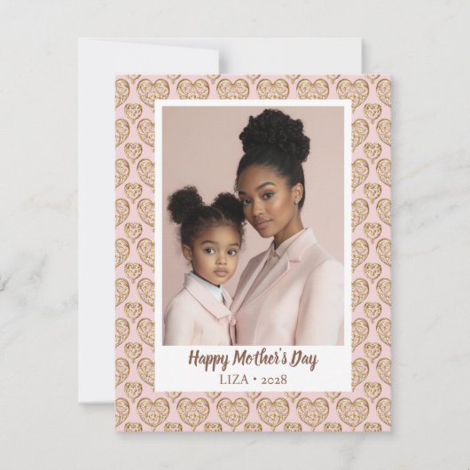 モダンなフラッシュピンクのゴールドハートの母の日の写真 シーズンカード (正面)