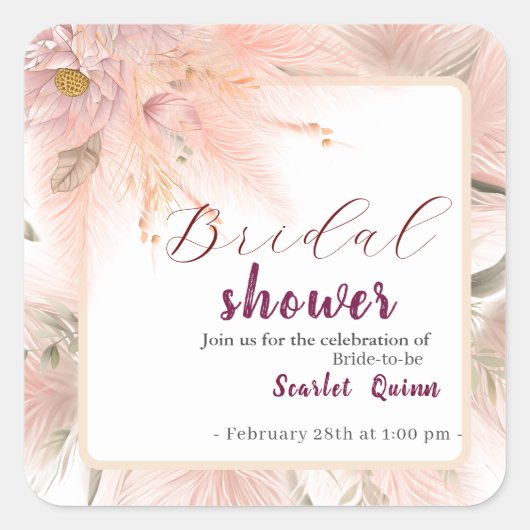 モダンなフラッシュピンクのパンパスグラス ウェディング ブランシュ スクエアシール (正面)