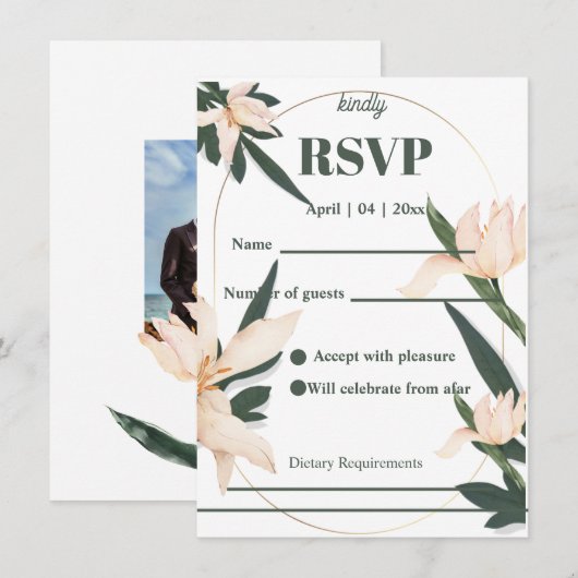 モダンなフラッシュピンクの花柄 サークル RSVP カード (正面/裏面)