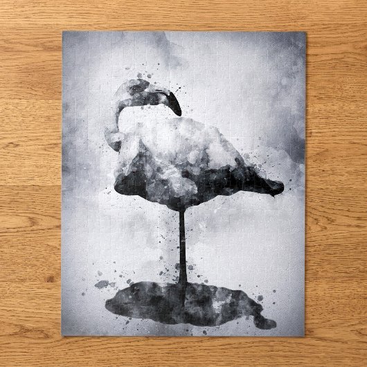 モダンなフラミンゴの黒と白の水彩画アート ジグソーパズル