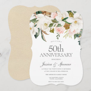 モダンなフラワーデザインの50周年結婚記念日祝賀会(白×淡いピンク) 招待状