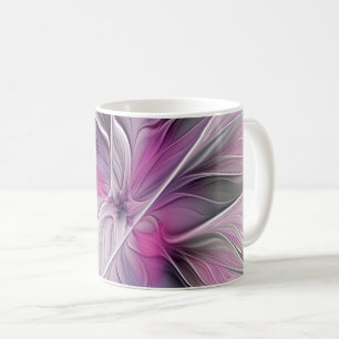 モダンなフラワーフラクタル抽象芸術 ピンク グレー コーヒーマグカップ