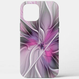モダンなフラワーフラクタル抽象芸術 ピンク グレー iPhone 12 PRO MAX ケース