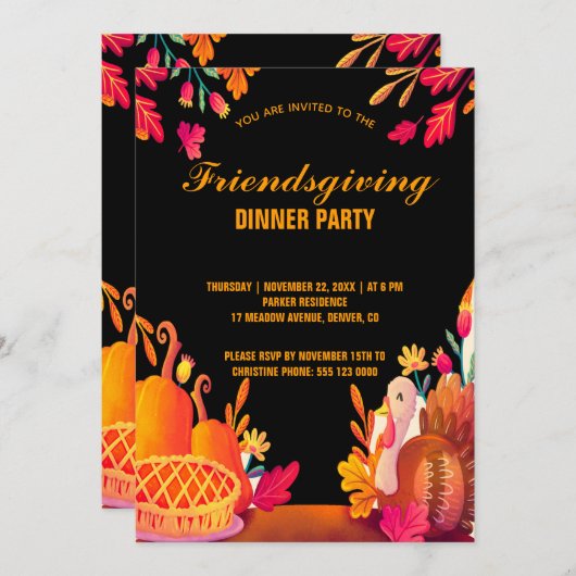 モダンなフレンドギビングディナーのパーティー招待状 招待状 (正面/裏面)
