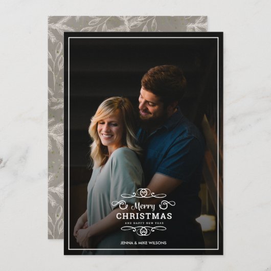 モダンなフレームのクリスマス + 新年のタイポグラフィの写真 シーズンカード (正面/裏面)