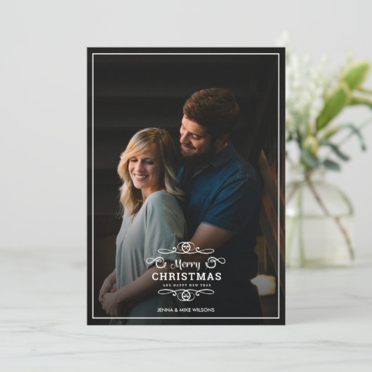 モダンなフレームのクリスマス + 新年のタイポグラフィの写真 シーズンカード (スタンド正面)