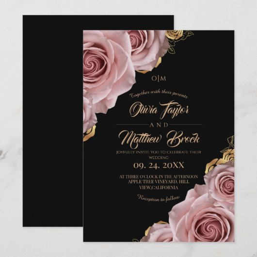 モダンなブッシュローズの花のエレガントな結婚式 招待状 (正面/裏面)