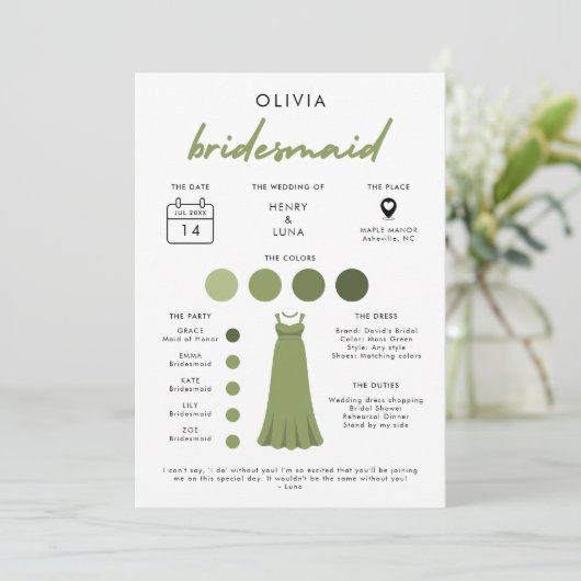 モダンなブライズメイド ウェディングパーティ 情報カード 招待状 (スタンド正面)