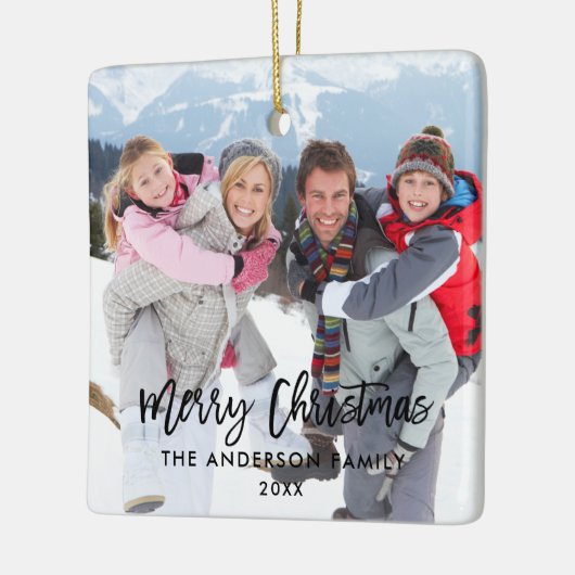 モダンなブラシの原稿のクリスマスの家族写真の正方形 セラミックオーナメント (左)
