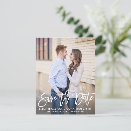 モダンなブラシの原稿の写真の保存日付カード セーブザデート (スタンド正面)