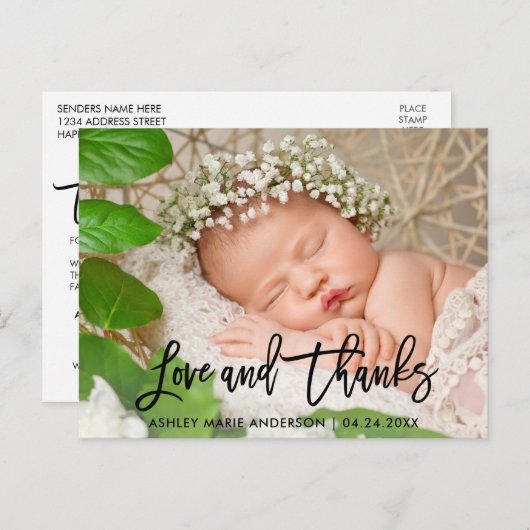 モダンなブラシの原稿の新生児愛および感謝Blk 案内ポストカード (正面/裏面)