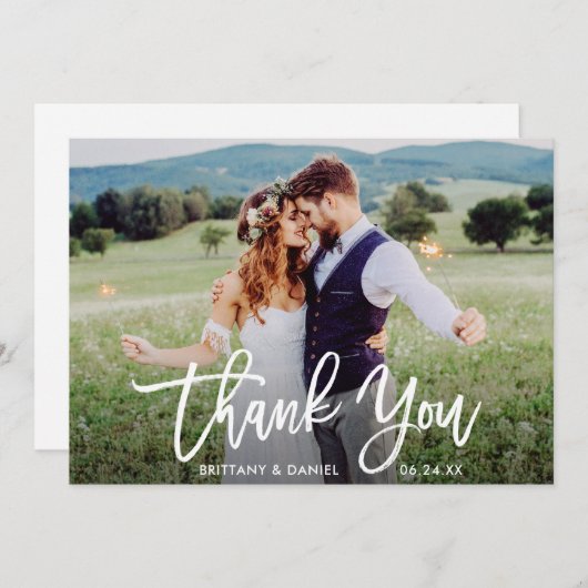 モダンなブラシの原稿の結婚式の写真W サンキューカード (正面/裏面)