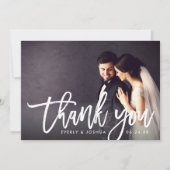 モダンなブラシスクリプト結婚式の写真ありがとうカード サンキューカード (正面)