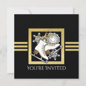 モダンなブラックとゴールドのグリッター アイススケートパーティー 招待状 (正面)