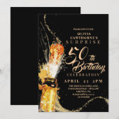 モダンなブラックとゴールドのシャンパン 50歳の誕生日 招待状 (正面/裏面)