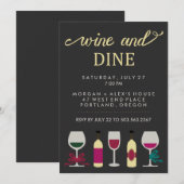 モダンなブラックとゴールドのワインパーティーボトルとグラス 招待状 (正面/裏面)