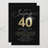 モダンなブラックとゴールドの大人のサプライズ40歳の誕生日 招待状 (正面/裏面)