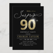モダンなブラックとゴールドの大人のサプライズ90歳の誕生日 招待状 (正面/裏面)