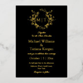 モダンなブラックとゴールドの植物学的なモノグラムの結婚式 箔招待状 (正面)