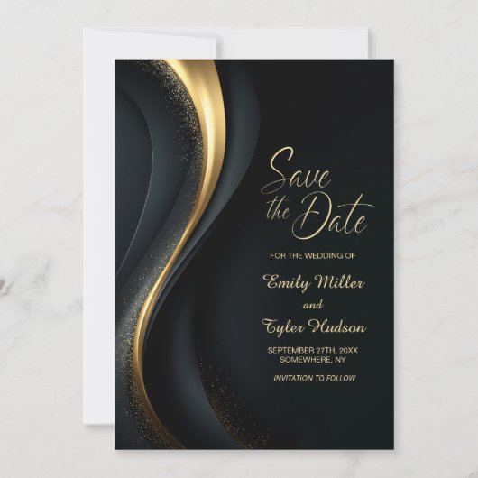 モダンなブラックとゴールドの結婚式のSave the Date 招待状 (正面)