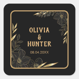 モダンなブラックとゴールドの花柄のウェディングテーマ スクエアシール