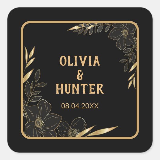 モダンなブラックとゴールドの花柄のウェディングテーマ スクエアシール (正面)
