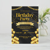 モダンなブラックとゴールドの風船 招待状 誕生日 (スタンド正面)