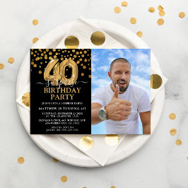 モダンなブラックとゴールドの40歳サプライズ誕生日写真 招待状