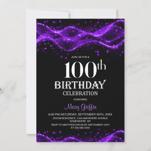 モダンなブラックとパープルの100歳の誕生日パーティー 招待状 (正面)