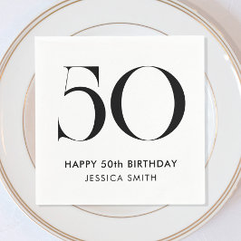 モダンなブラックとホワイトのミニマル 50歳の誕生日 スタンダードカクテルナプキン