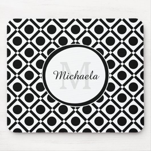モダンなブラックとホワイトの幾何学模様のイニシャルと名前 マウスパッド (正面)