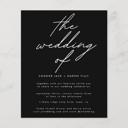 モダンなブラックのシンプルな結婚式招待状 詳細QRコード付き チラシ (正面)