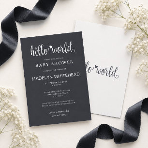 モダンなブラックの「Hello World」ベビーシャワーグッズ 招待状