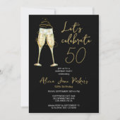 モダンなブラックゴールドの50歳の誕生日パーティー 招待状 (正面)