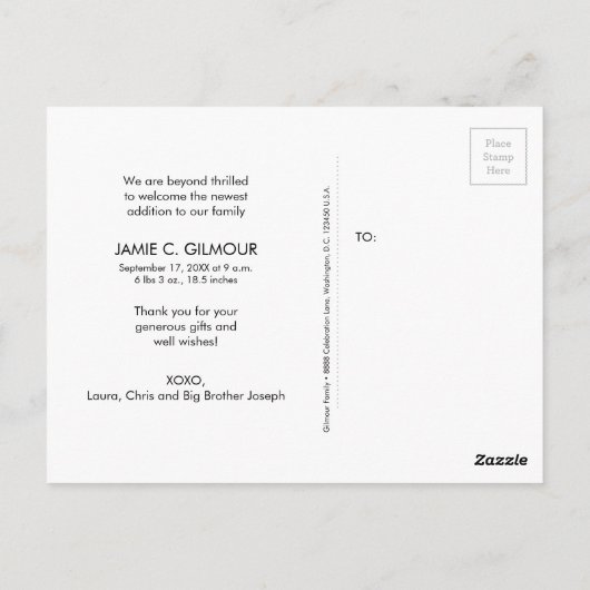 モダンなブラックボードスタイルのセカンドベイビーシャワーのお礼メッセージ ポストカード (裏面)