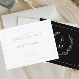 モダンなブラック+セージグリーンの結婚式Save The Date 案内ポストカード