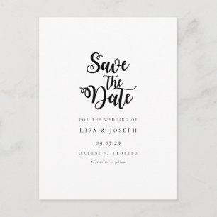 モダンなブラック&ホワイトのシンプルな手書き風フォントのSave the Date ポストカード