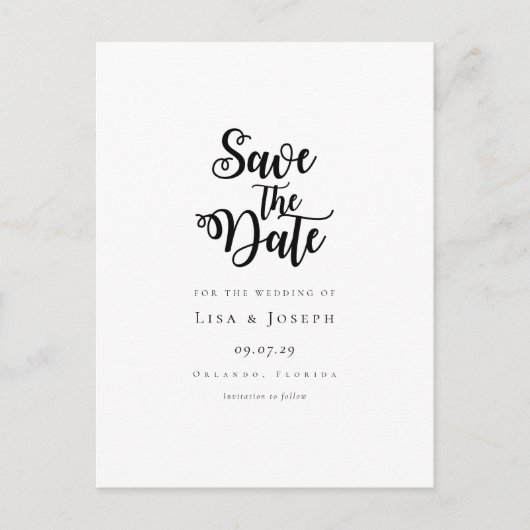 モダンなブラック&ホワイトのシンプルな手書き風フォントのSave the Date ポストカード (正面)