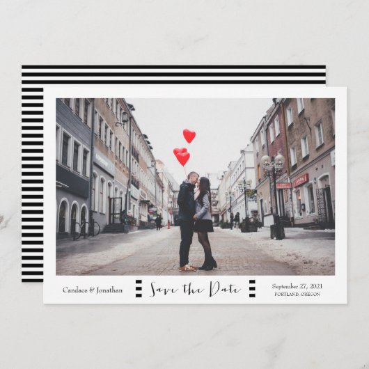 モダンなブラック&ホワイトのストライプの写真を使ったSave the Date セーブザデート (正面/裏面)