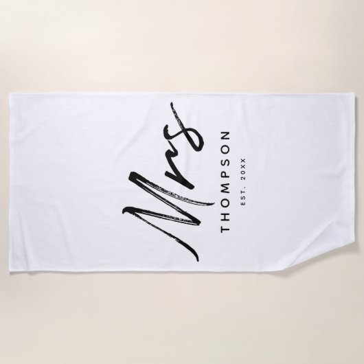モダンなブラック&ホワイトのミニマリストスクリプト ビーチタオル (正面)