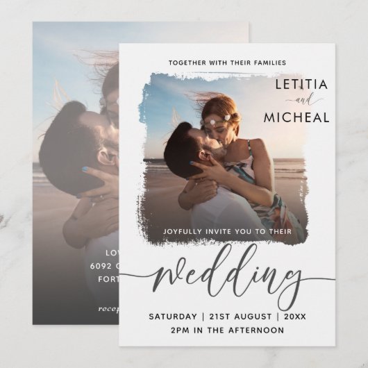 モダンなブラック&ホワイトの写真テンプレート ウェディング 招待状 (正面/裏面)